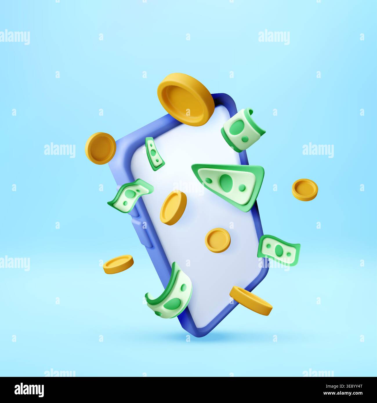 Smartphone with floating coin and banknote 3d Stock Vector
