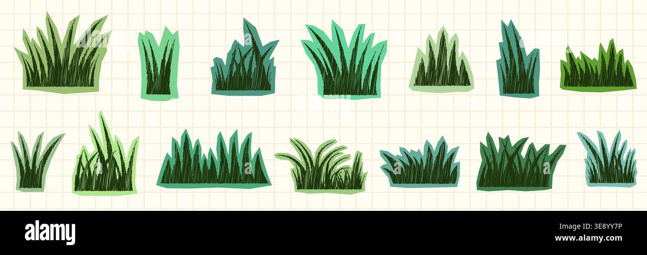 Vector cutout grass for scrapbook and collage, doodle graphic design elements for creative backgrounds Stock Vector
