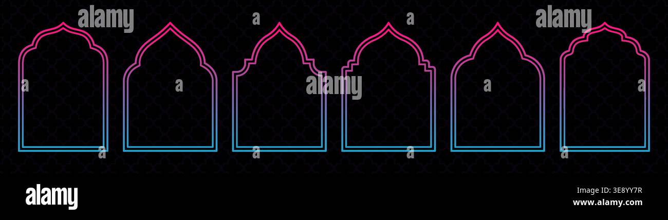 Gradient window shaped vector frames, Islamic arch borders for Ramadan backgrounds, banners and graphic design Stock Vector