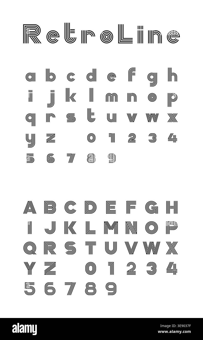 RetroLine Typeface Sampler Featuring Clean Black Letterforms on White Background with Rounded Minimal Alphabet Grid Stock Vector