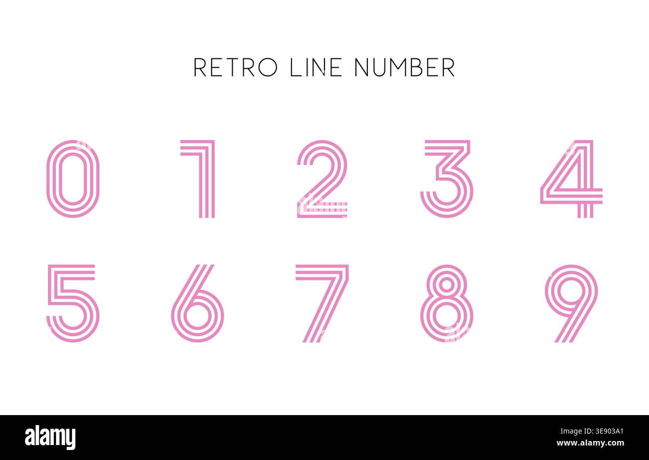 Retro Line Number Set in Pink Outline Typeface on White Background with Minimal Geometric Design Vector Illustration Stock Vector