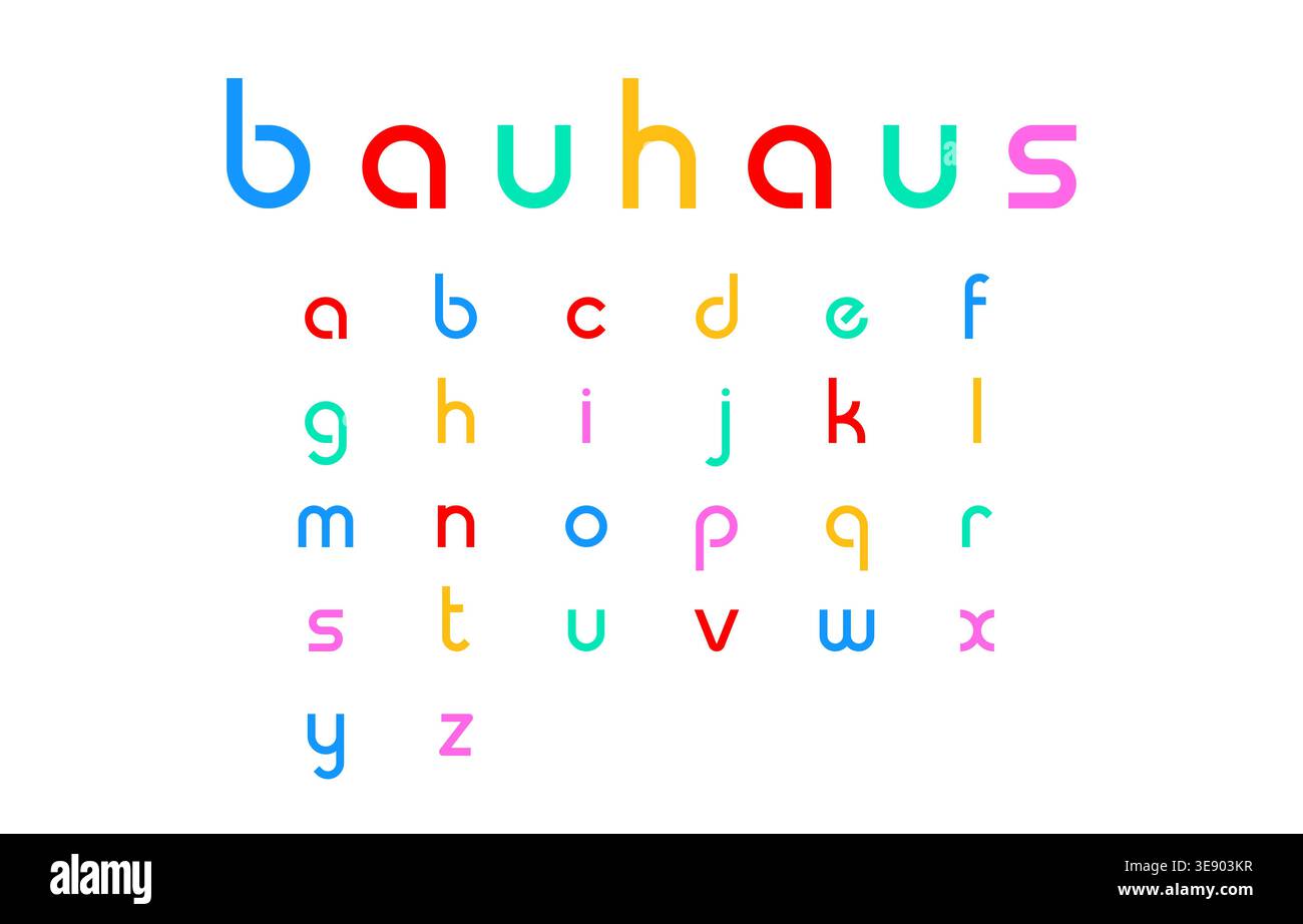 Soft Rounded Bauhaus Lowercase Alphabet in Rainbow Pastel Colors on White Background Vector Illustration Stock Vector