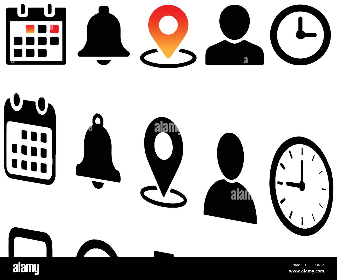 User Interface Icon Set with Calendar, Notification Bell, Location and Clock Stock Vector