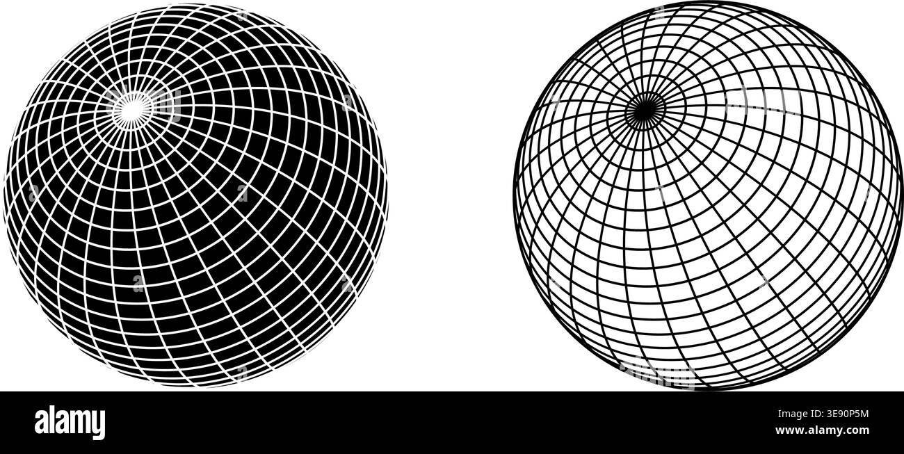 Black and white globe figures with wireframes in angled position. Orb models, spherical shapes, mesh balls. Earth sphere figures with longitude and Stock Vector