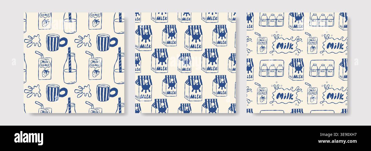 Hand drawn blue milk seamless pattern set Stock Vector