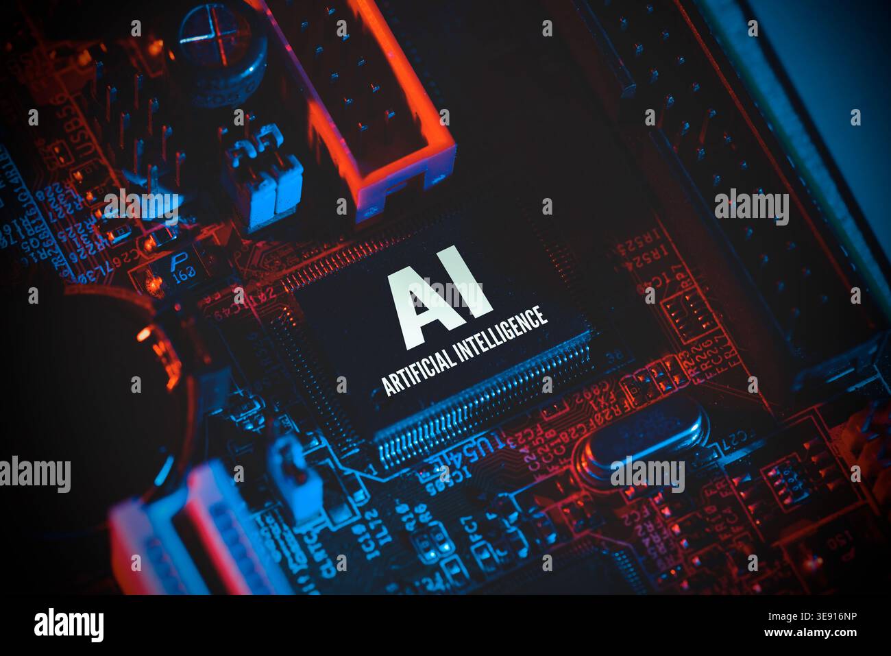 Artificial intelligence concept with computer chip. AI microprocessor closeup. Stock Photo