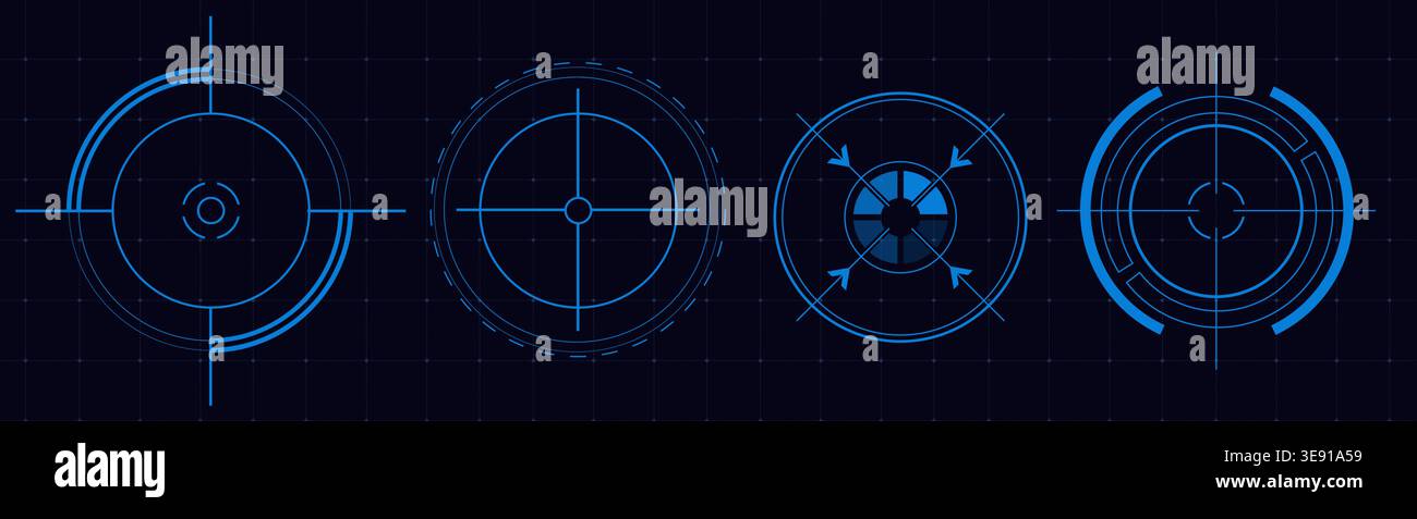 Futuristic hud circles with glowing digital frame, neon target interface, abstract vector illustrations isolated on background. High tech game screen elements for sci-fi design projects Stock Vector