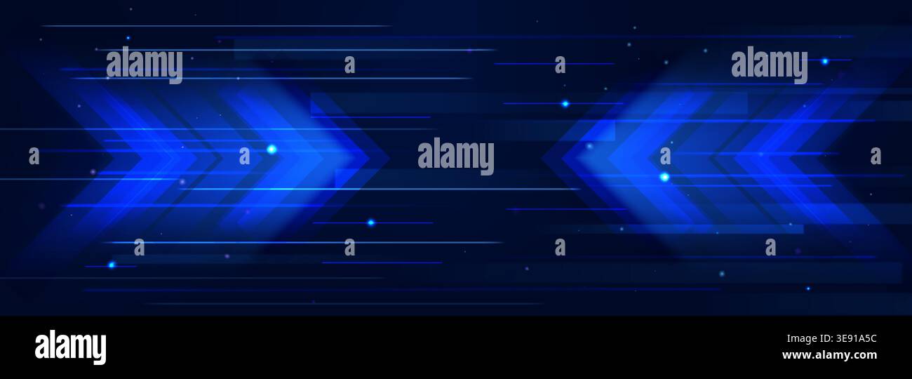 Neon blue arrow with glowing light trails on dark background, 3d abstract vector bg. Dynamic digital speed effect. Futuristic technology glowing arrow concept for web design Stock Vector