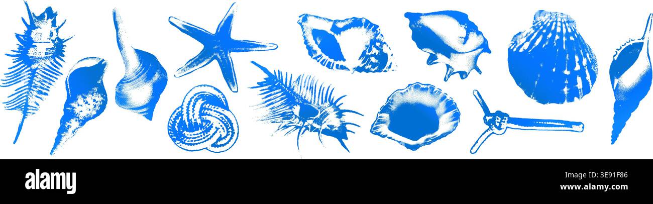 Halftone seashell set blue cyanotype vector illustration Stock Vector