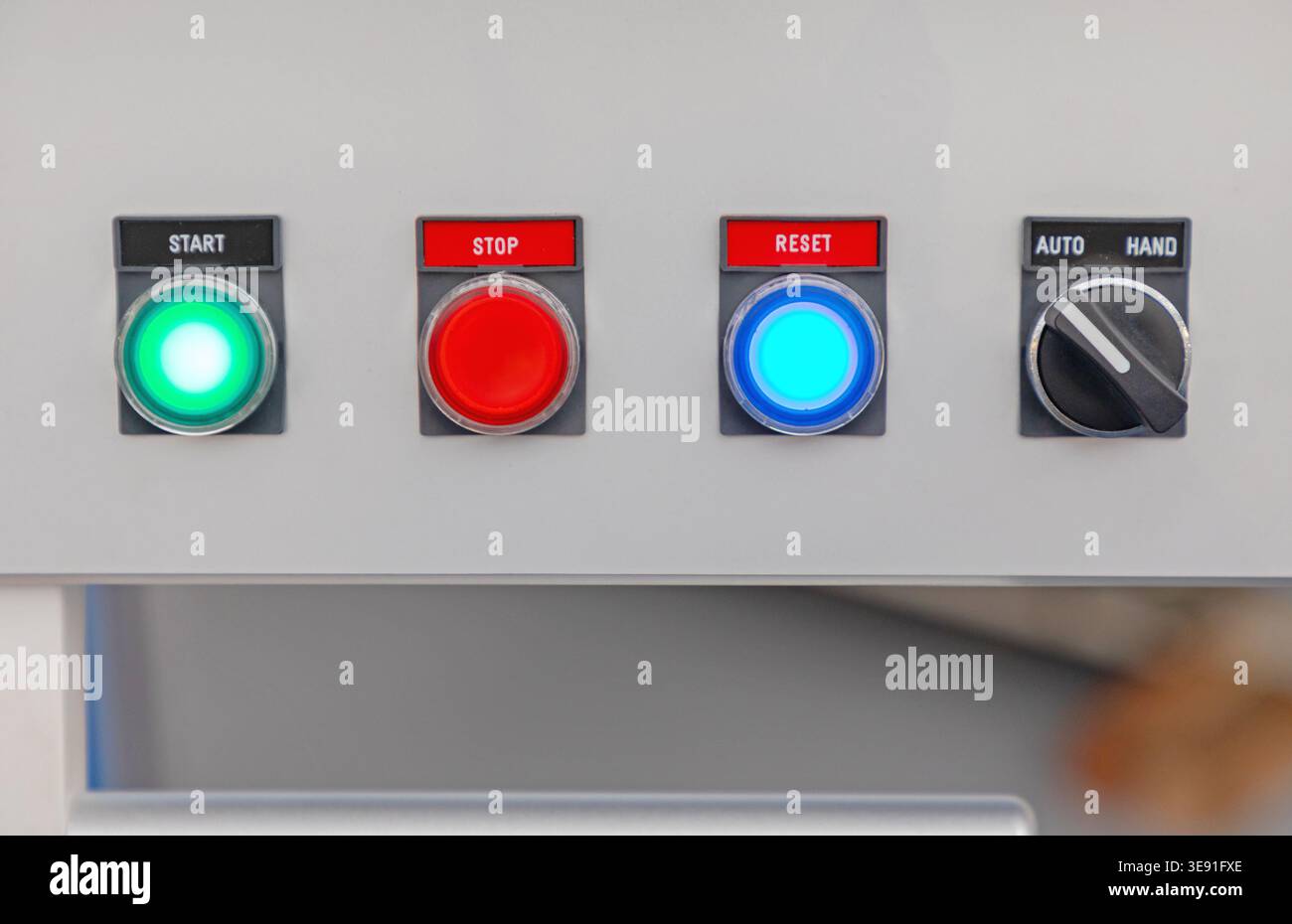 Buttons Start Stop Reset Switch Machine Control Panel Workshop Stock Photo