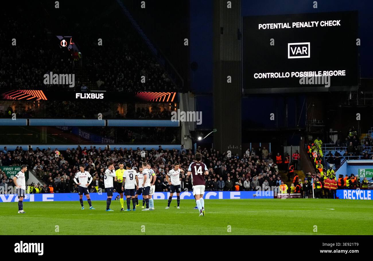 A notice of a VAR check for a penalty on the big screen during the UEFA ...