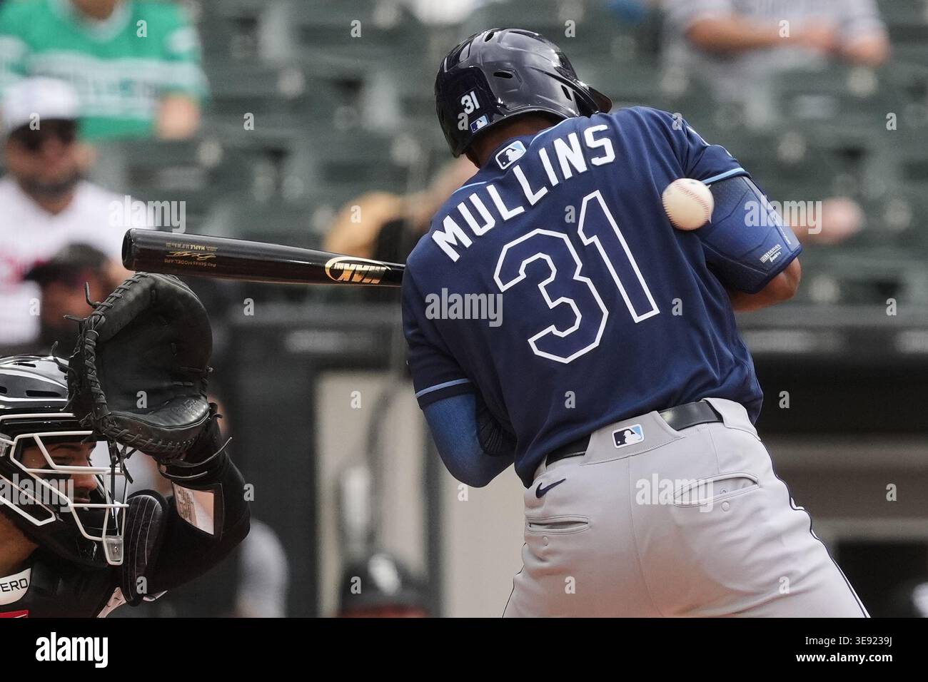 Tampa Bay Rays' Cedric Mullins is hit by pitch during the third inning ...