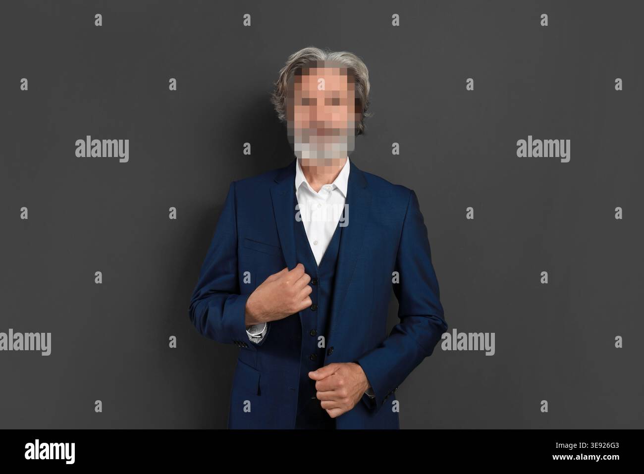 Anonymous man with pixelated face on grey background Stock Photo