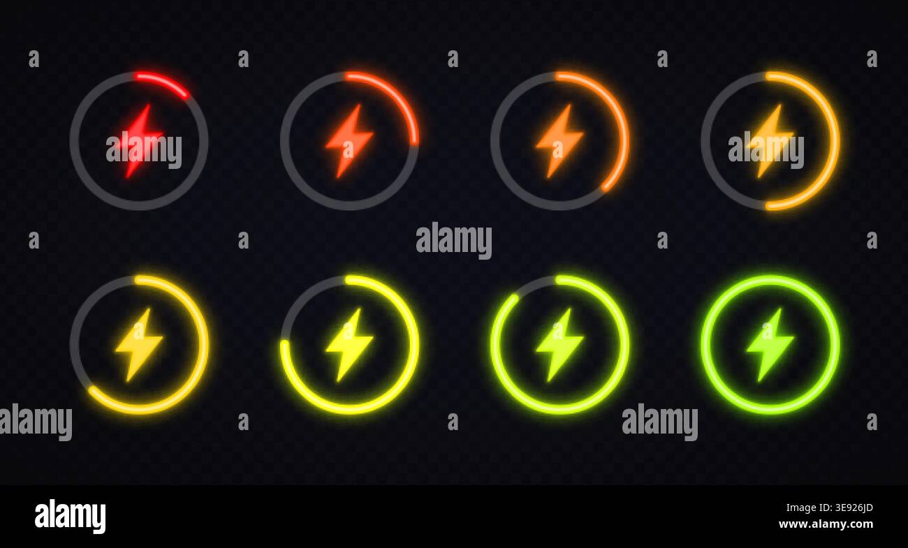 Neon battery charge icons with color levels from red to green. Glowing ...