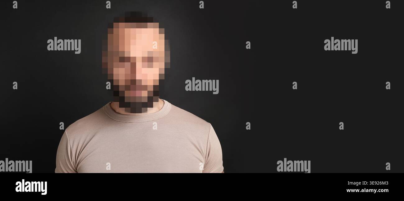 Anonymous man with pixelated face on dark grey background Stock Photo
