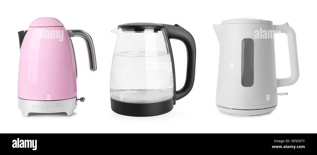 Different electric kettles isolated on white, set Stock Photo