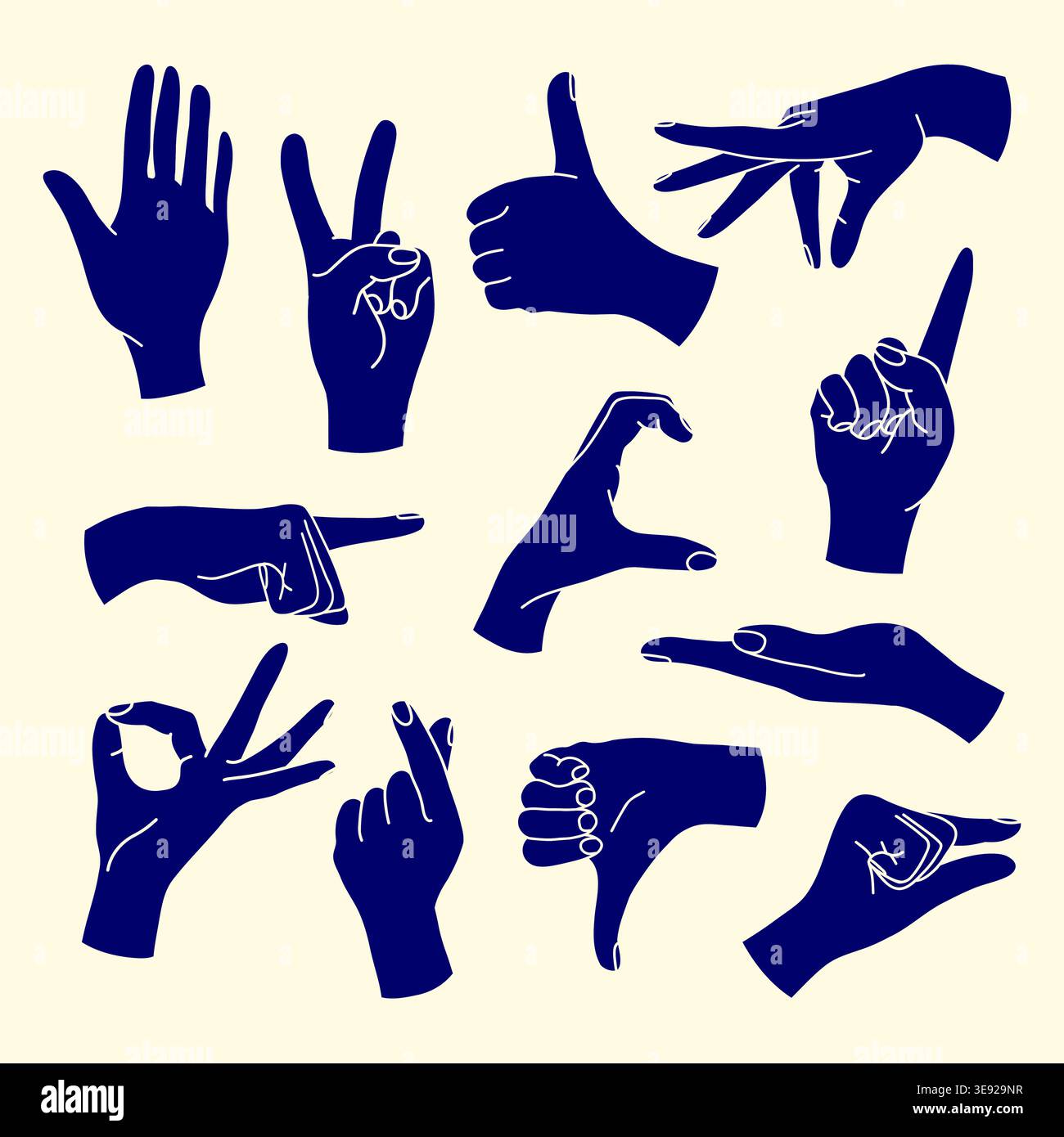 Hand gestures set in bold blue color minimal style Stock Vector Image ...