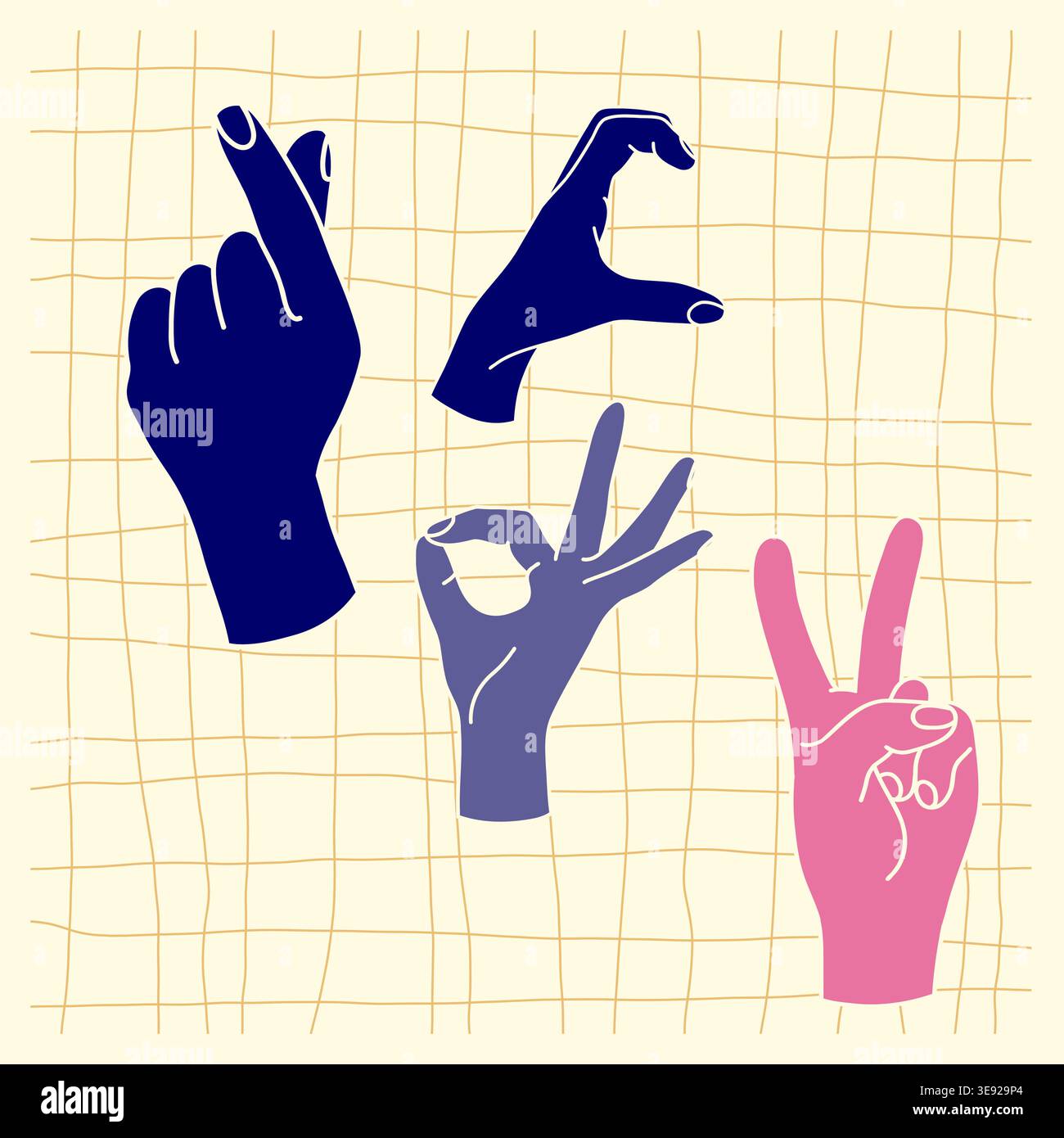 Hand gestures set in modern flat style on grid background Stock Vector