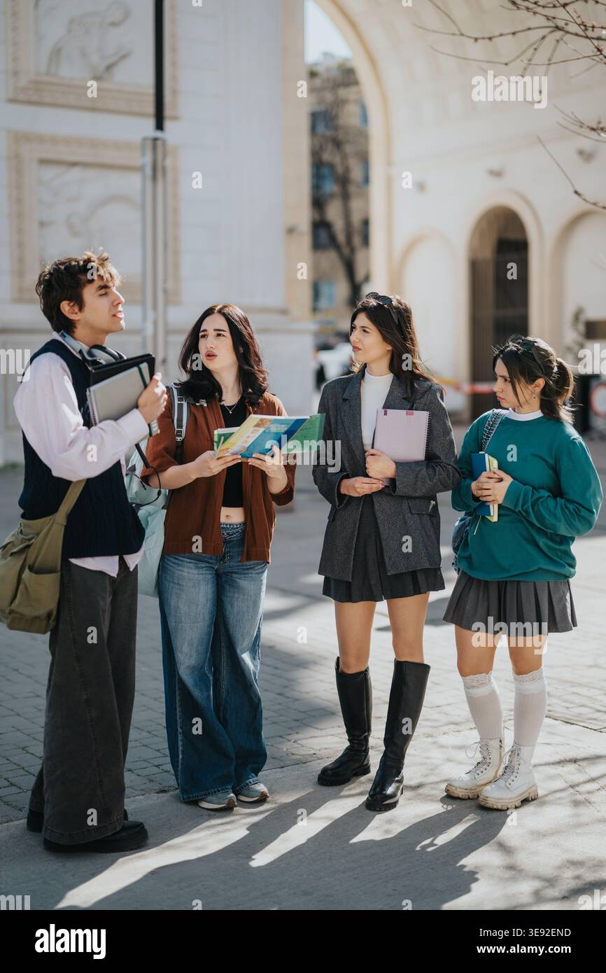 Four students standing in a city archway looking at a map and talking Stock Photo