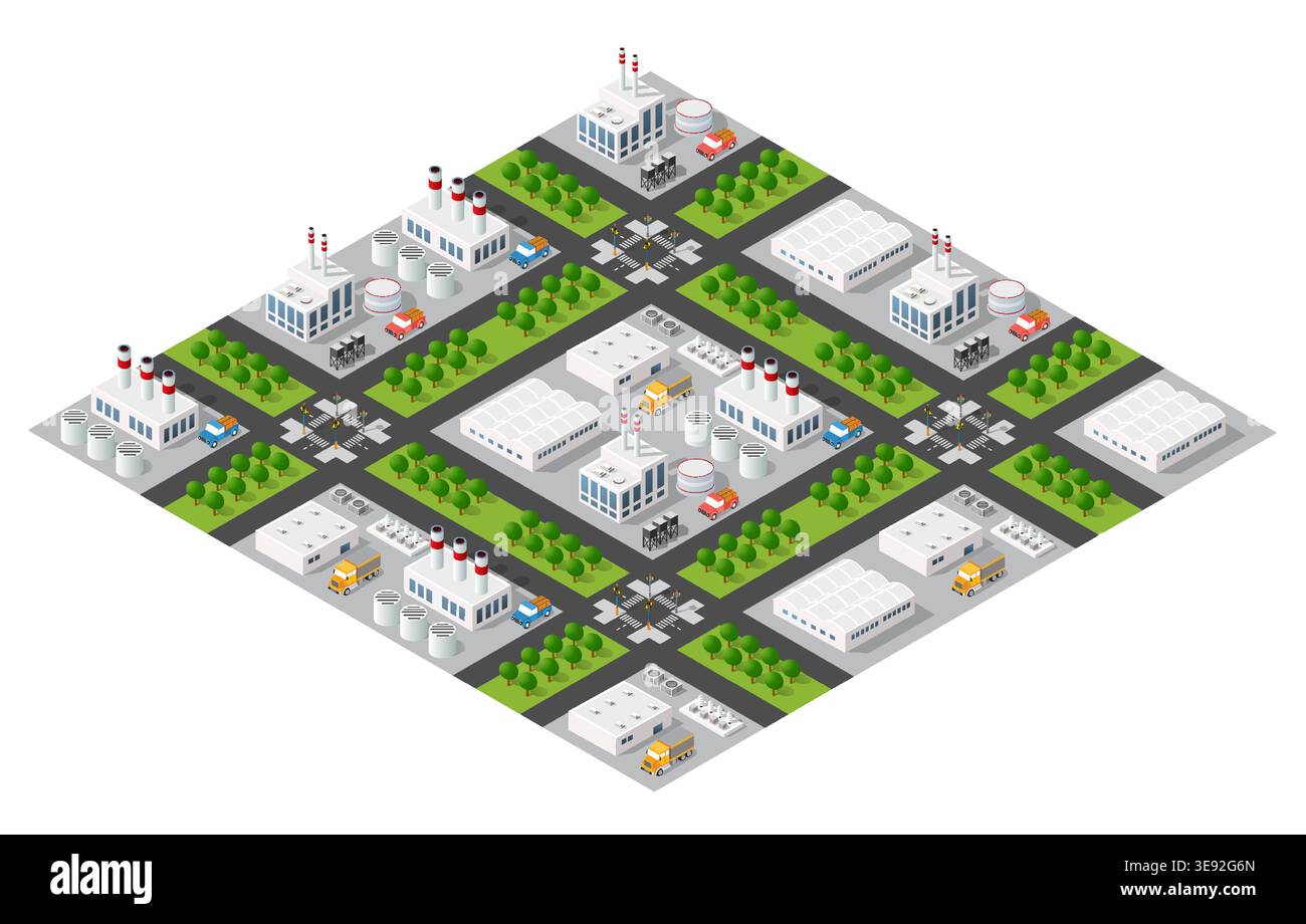 Isometric industrial city map with factories, plants and warehouses ...