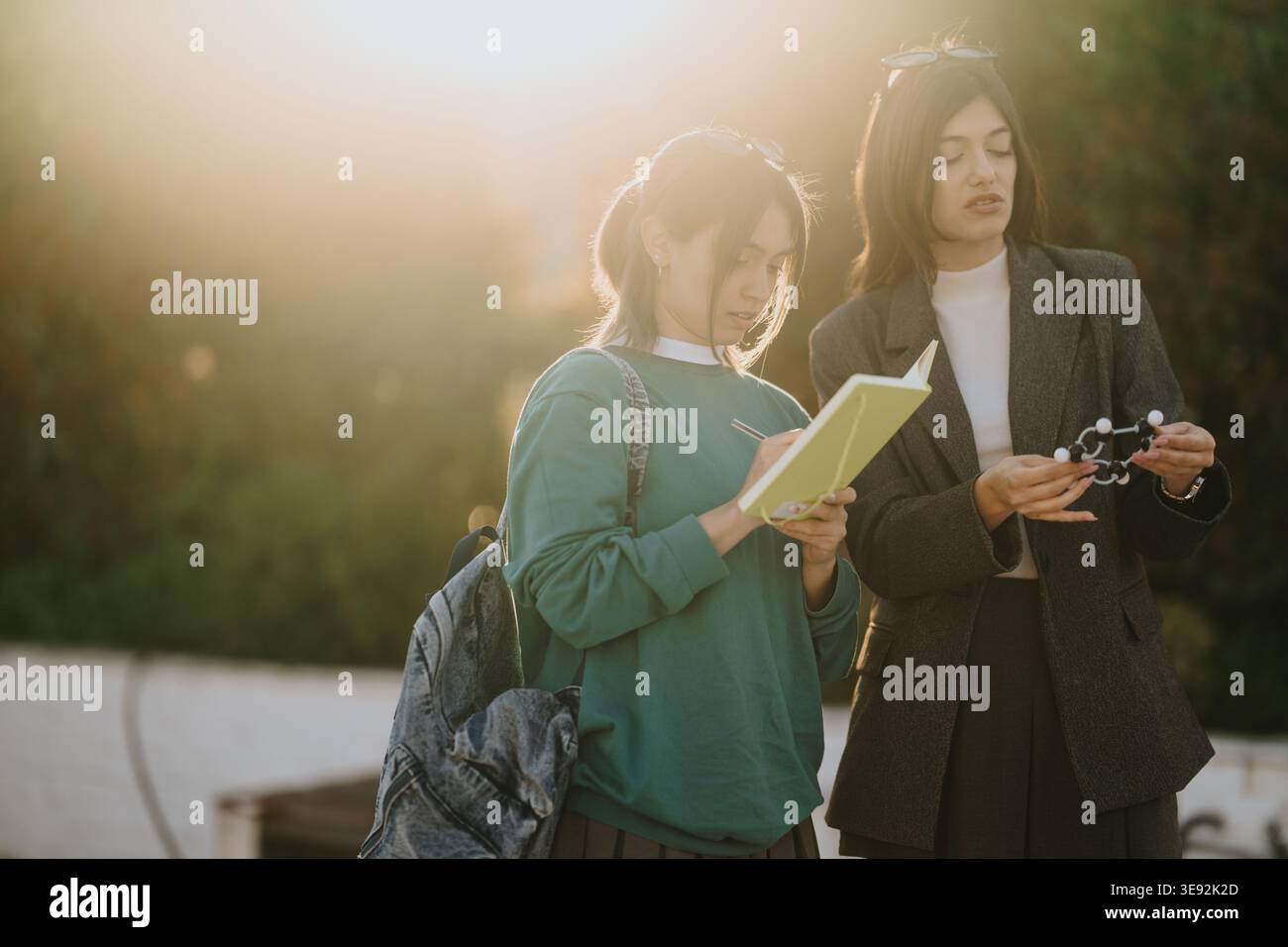Two students studying together outdoors with notebook and molecular model at sunset Stock Photo