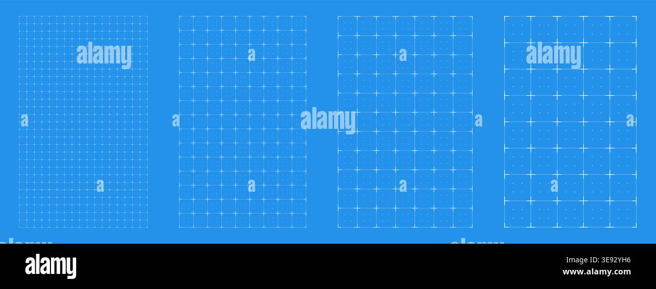 Blueprint grid set dashed plus geometry, four scale variations. Wide medium dense micro spacing comparison, engineering layouts dashboards notebook pages interface planning systems technology graphics Stock Vector