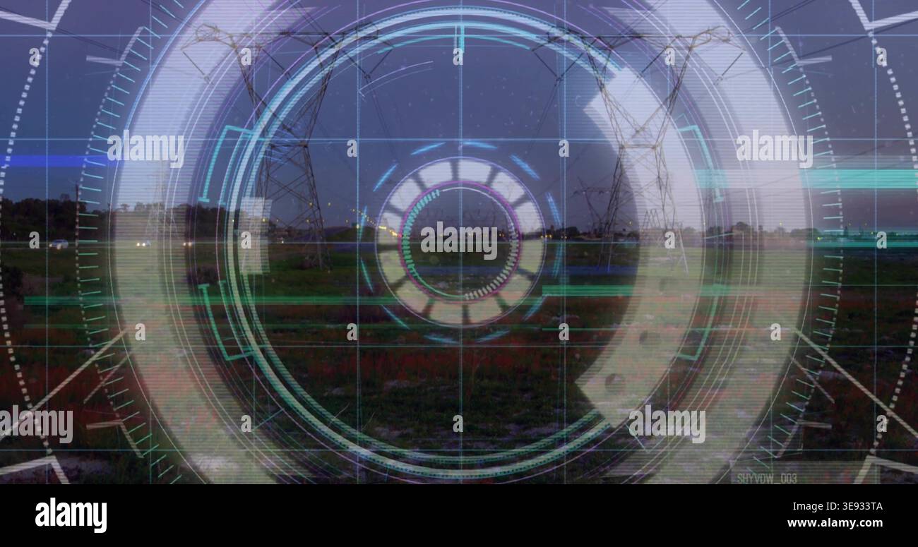 Displaying translucent HUD overlay dominating rural field at dusk ...
