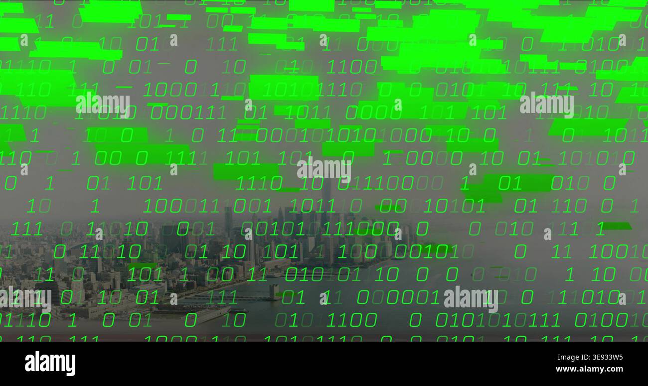 Streaming green binary code overlaying harbor skyline, merging with neon data blocks, docks, boats Stock Photo