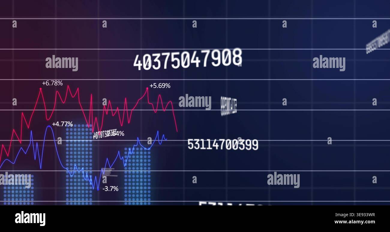 Displaying centered dashboard visualization onscreen, showing red and blue lines with numeric IDs Stock Photo