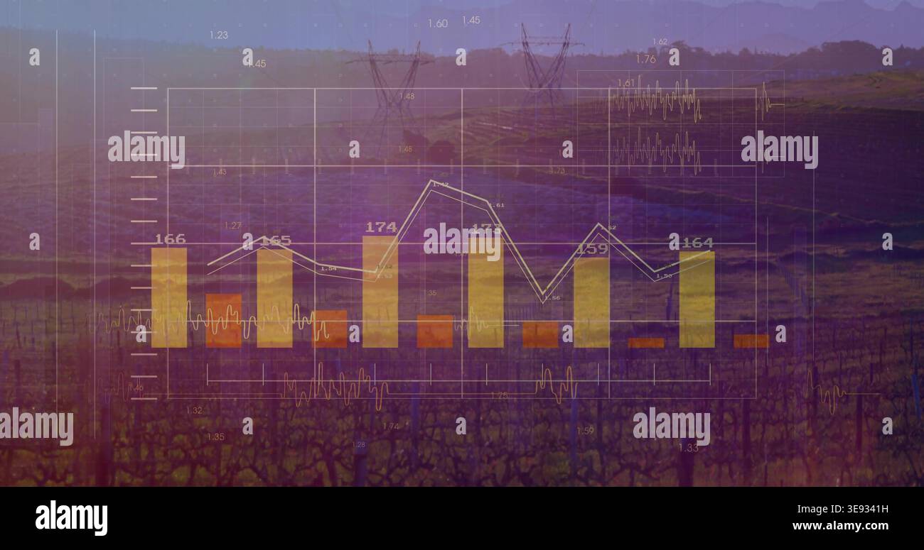 Overlaying translucent bar and line chart across vineyard at dusk ...