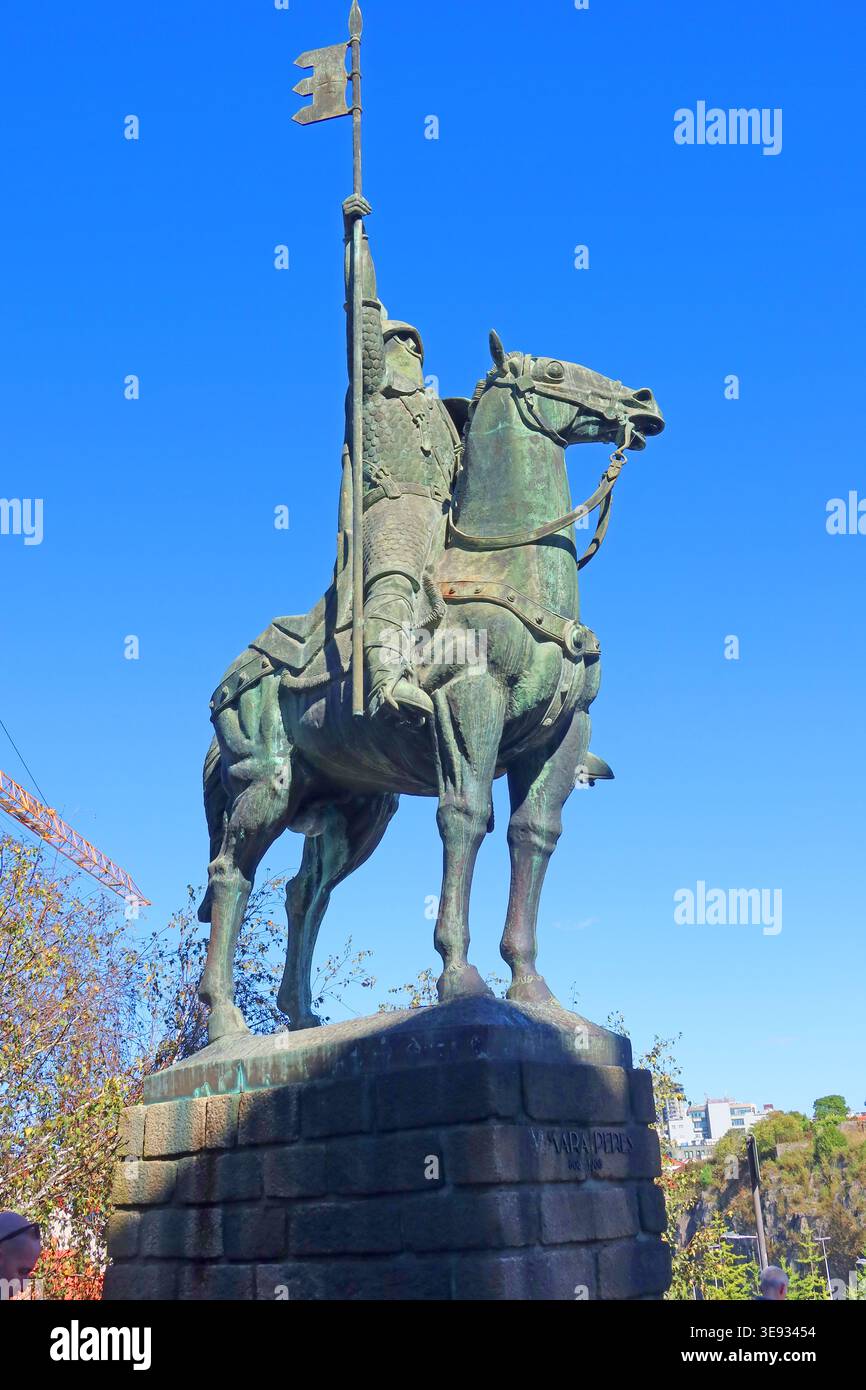 equestrian statue of Vmara Peres in Porto, near Porto Cathedral. Stock Photo