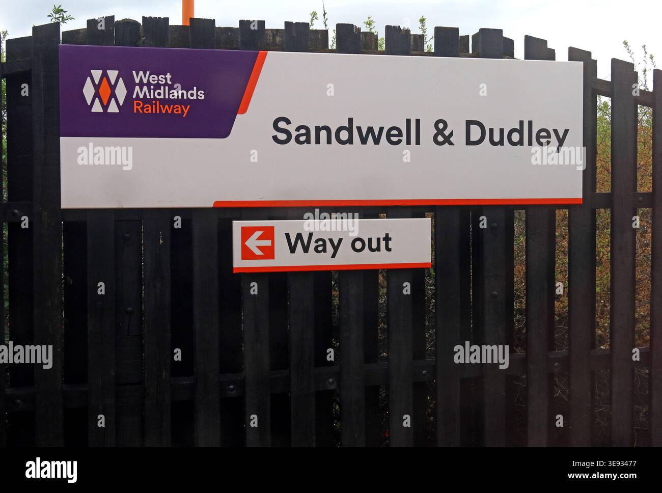 Sandwell & Dudley railway station sign with West Midlands Railway branding in the West Midlands, England. Stock Photo