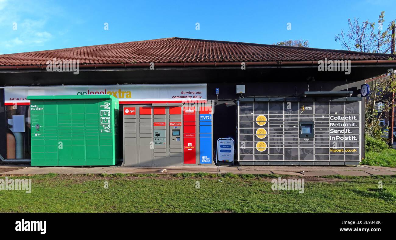 Parcel lockers and collection facilities beside local shops in Thelwall, Warrington, Cheshire. Stock Photo