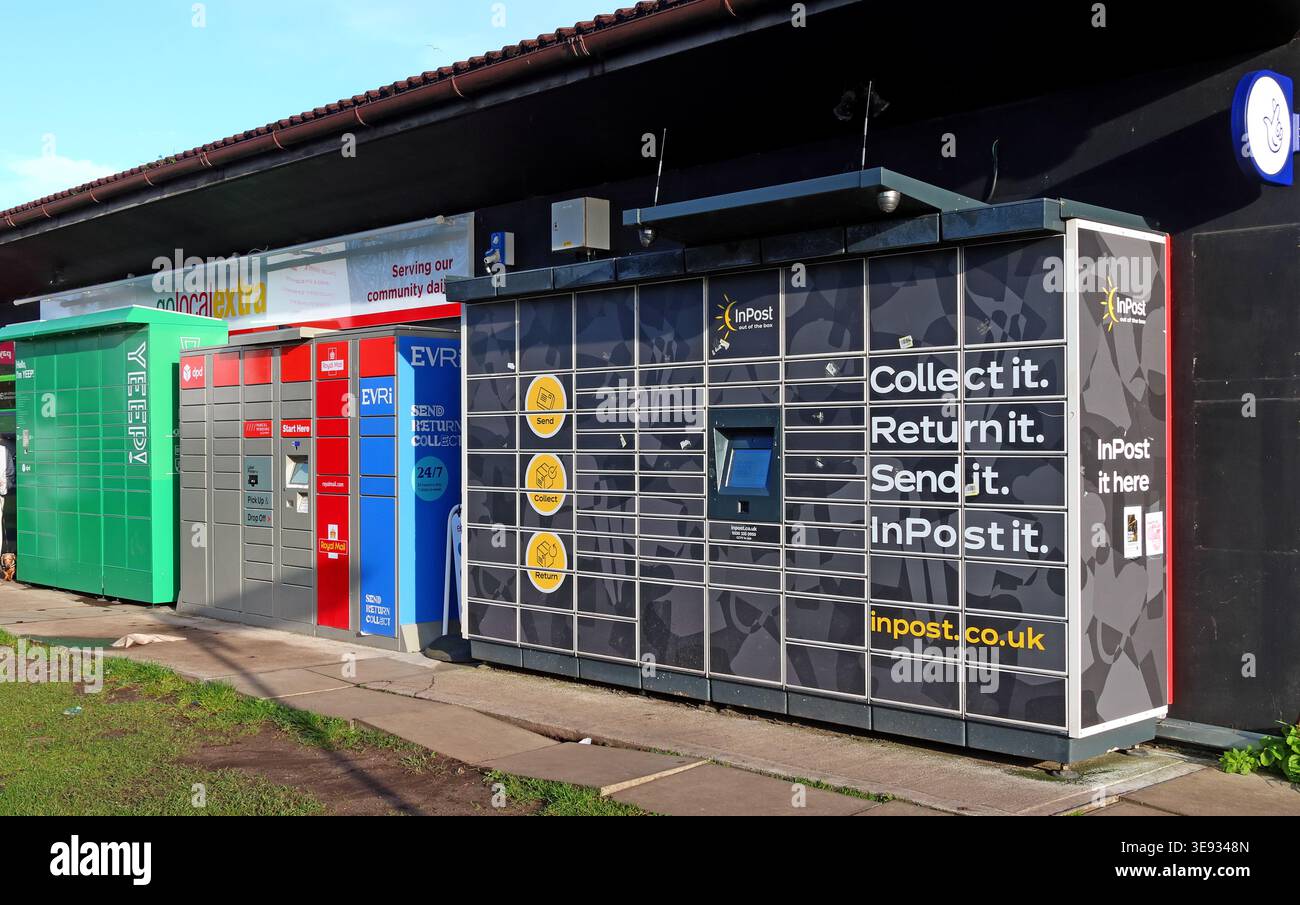 Multiple parcel lockers outside Today’s Extra in Thelwall, Warrington, offering mail order collection, returns and drop-off services. Stock Photo