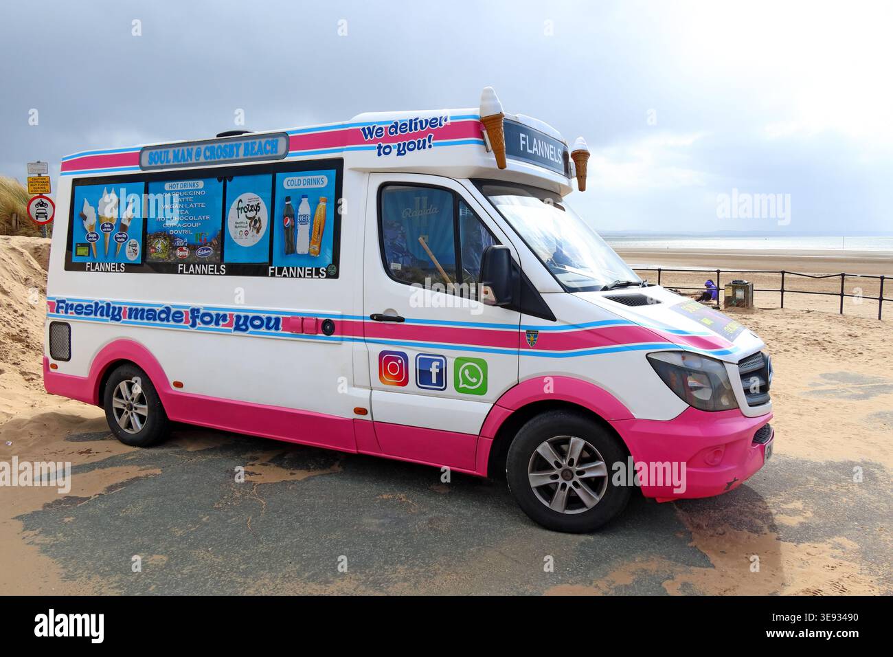 Soul Man ice cream van at Crosby Beach, north of Liverpool, serving seaside treats beside the Merseyside coast. Stock Photo