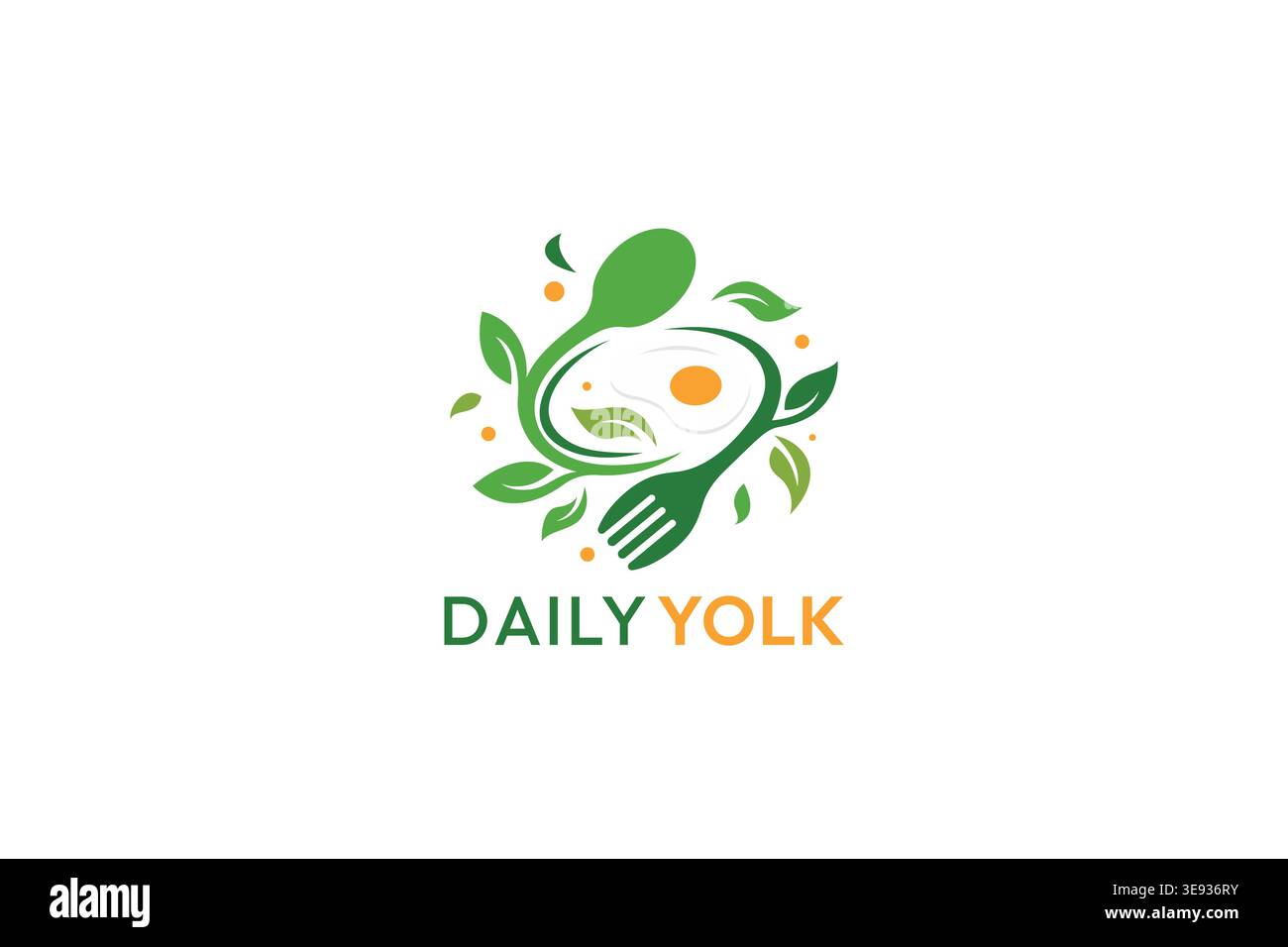Minimalist food logo with fried egg, leaves, spoon, and fork in ...