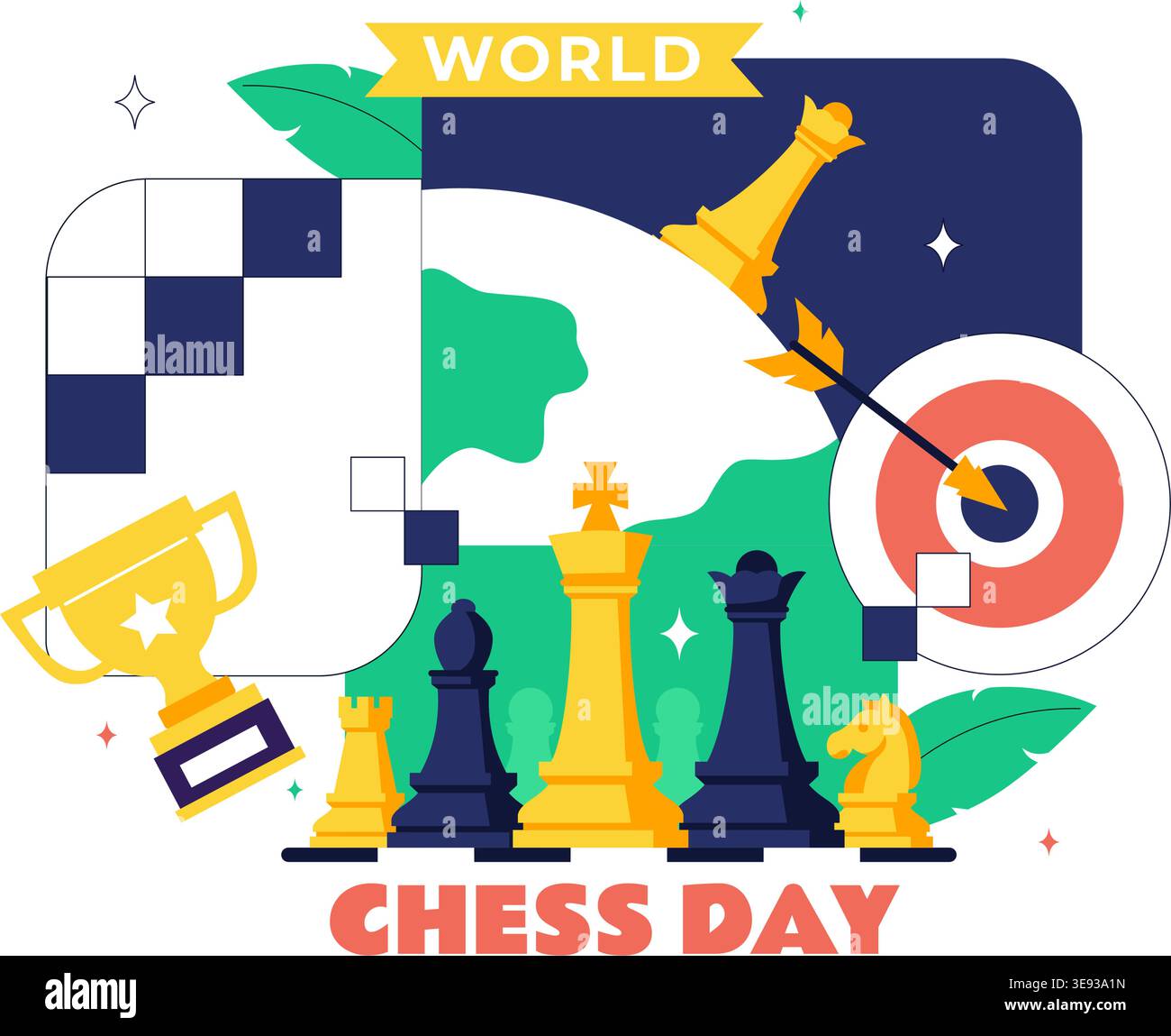 World Chess Day Vector Illustration Strategy Game Concept With Chess Pieces, Board, Trophy and Competition Theme For International Celebration Design Stock Vector