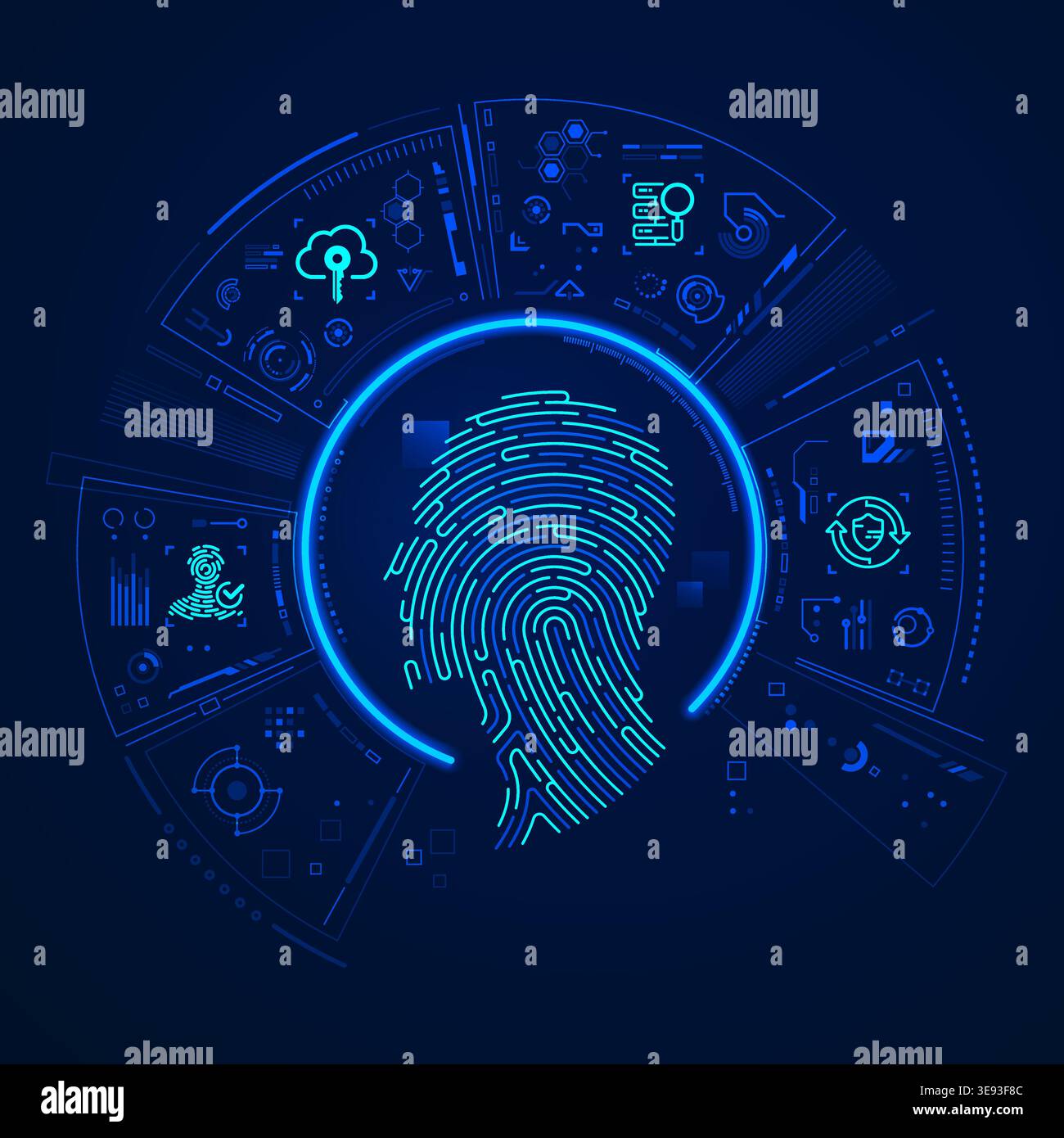 concept of biometrics or digital forensics technology, graphic of fingerprint combined with man head and futuristic element Stock Vector