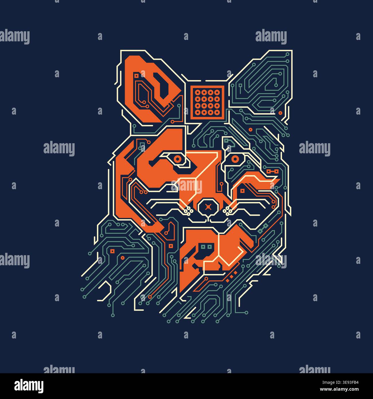 graphic of fox head combined with electronic board pattern Stock Vector