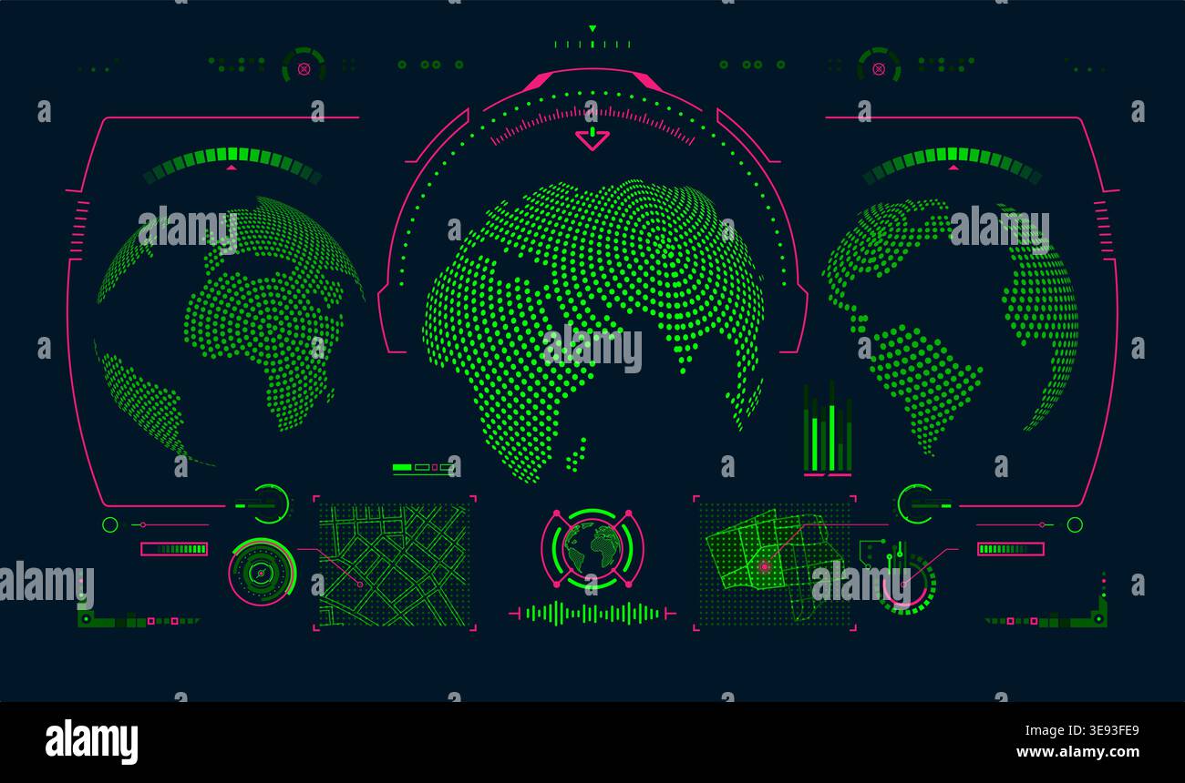 concept of global communication technology, graphic of futuristic globe with technology interface Stock Vector