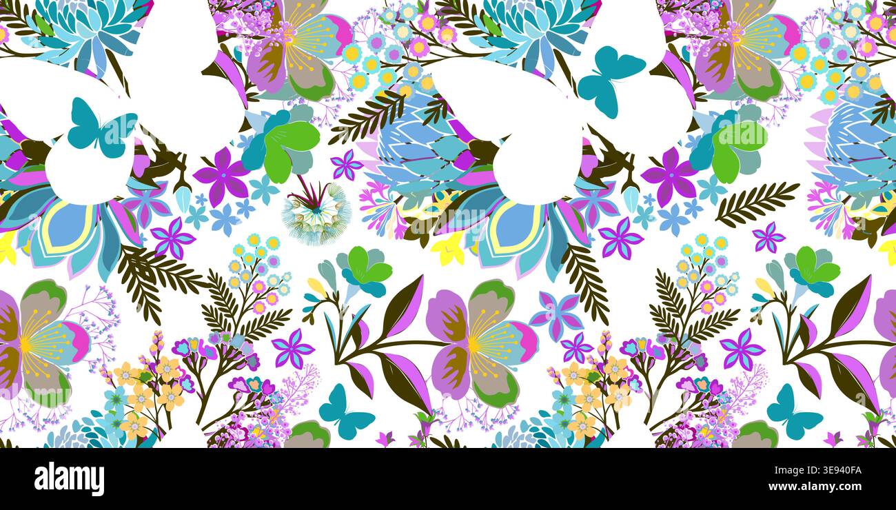Seamless pattern with spring colored flowers. Hand drawn. Not AI, vector illustration. Stock Vector