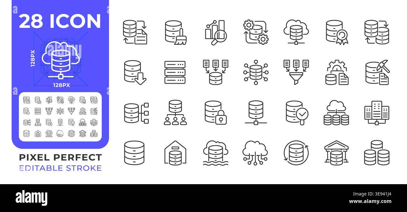 Data analytics pixel perfect line icons set Stock Vector