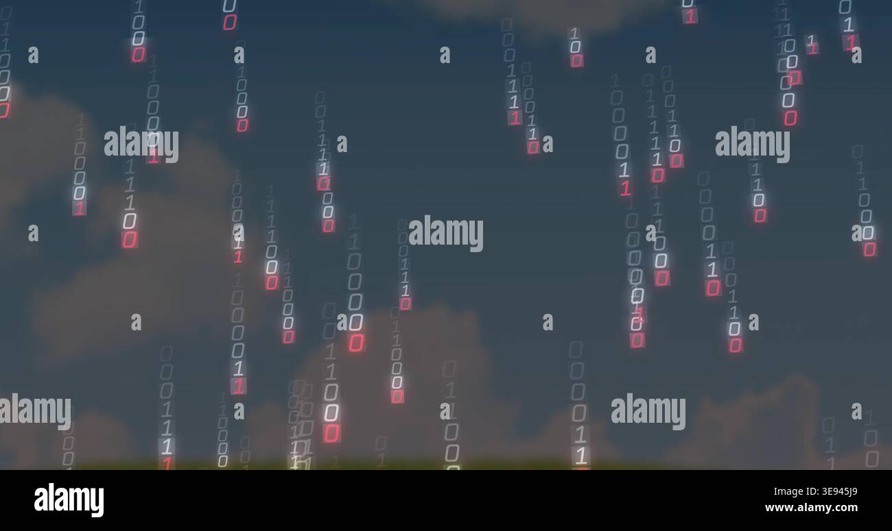 Streaming binary columns falling across dusky sky with clouds, dusk settling, showing red digits Stock Photo