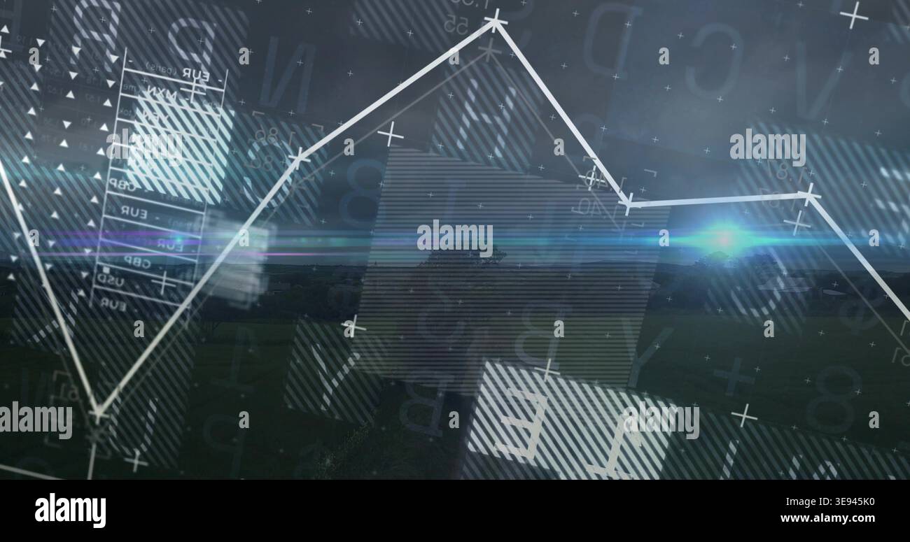 Displaying white polyline chart with nodes crossing wide rural horizon ...