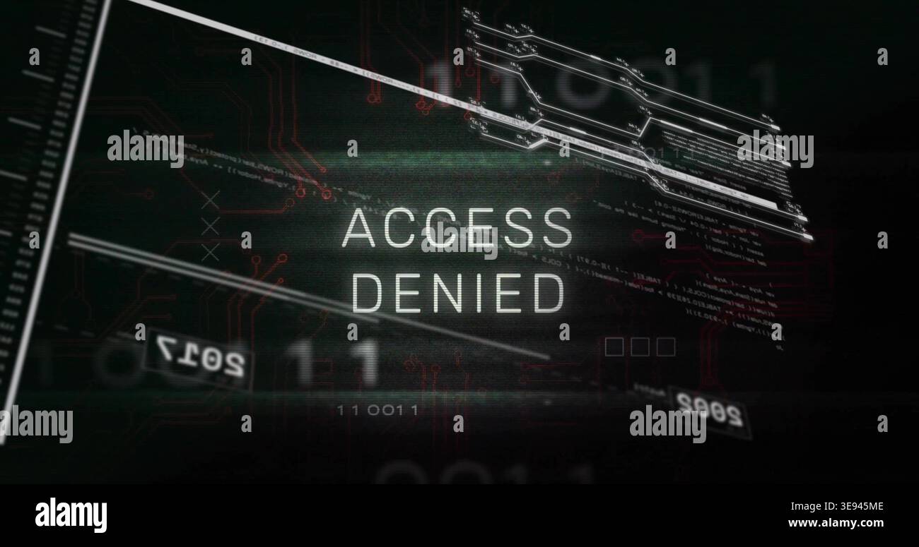 Displaying ACCESS DENIED message centered on screen, showing circuit traces, code110011, UI tiles Stock Photo