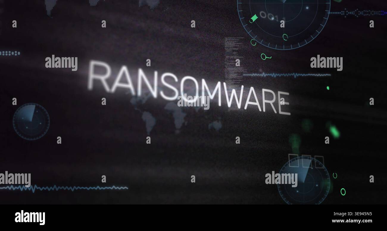 Displaying central word RANSOMWARE blurring over dark security interface, with world map and radar Stock Photo