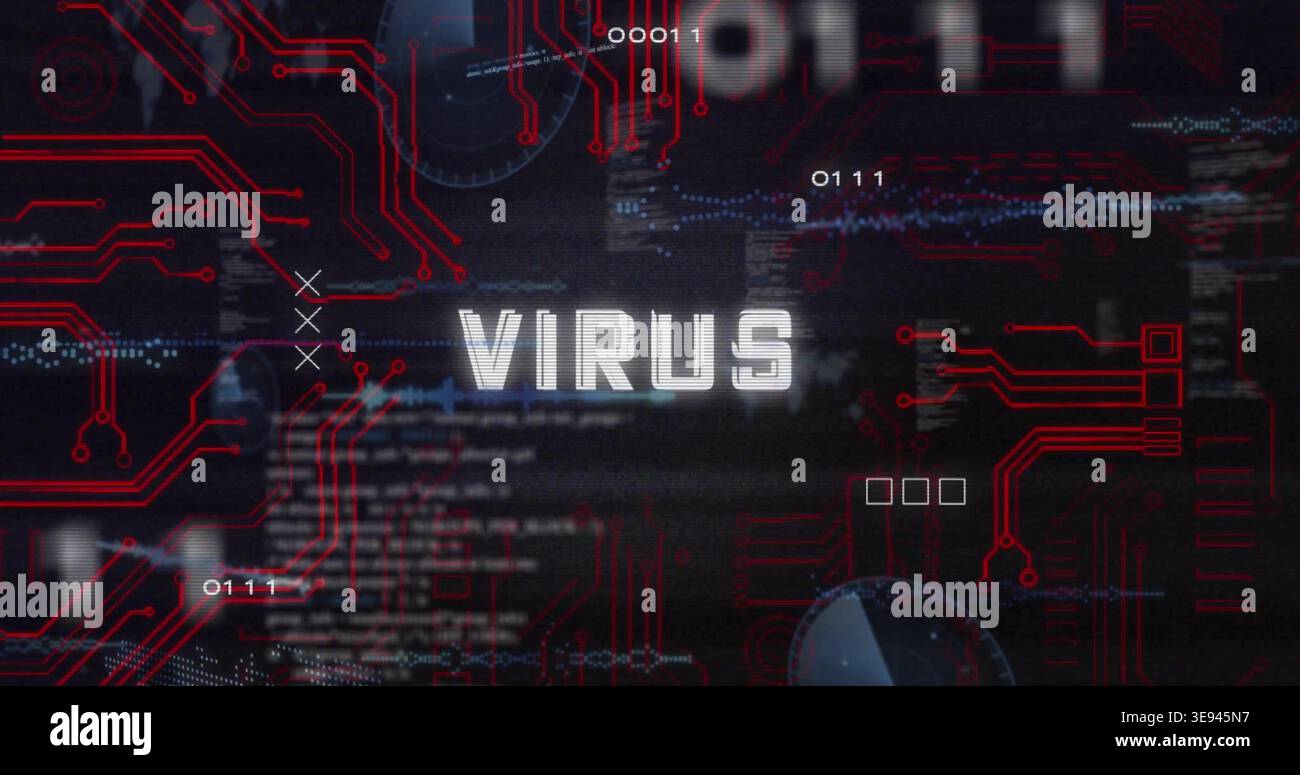 Displaying central VIRUS text glitching in cyber interface, showing red circuits, binary code, HUD Stock Photo