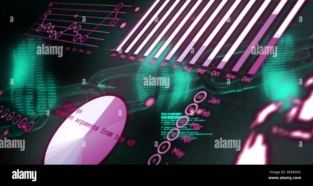 Displaying holographic UI over dark grid, showing month bars, pie chart, circular timeline, code Stock Photo