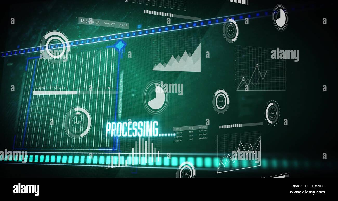 Displaying central striped data panel on teal HUD, showing cyan PROCESSING and floating gauges Stock Photo