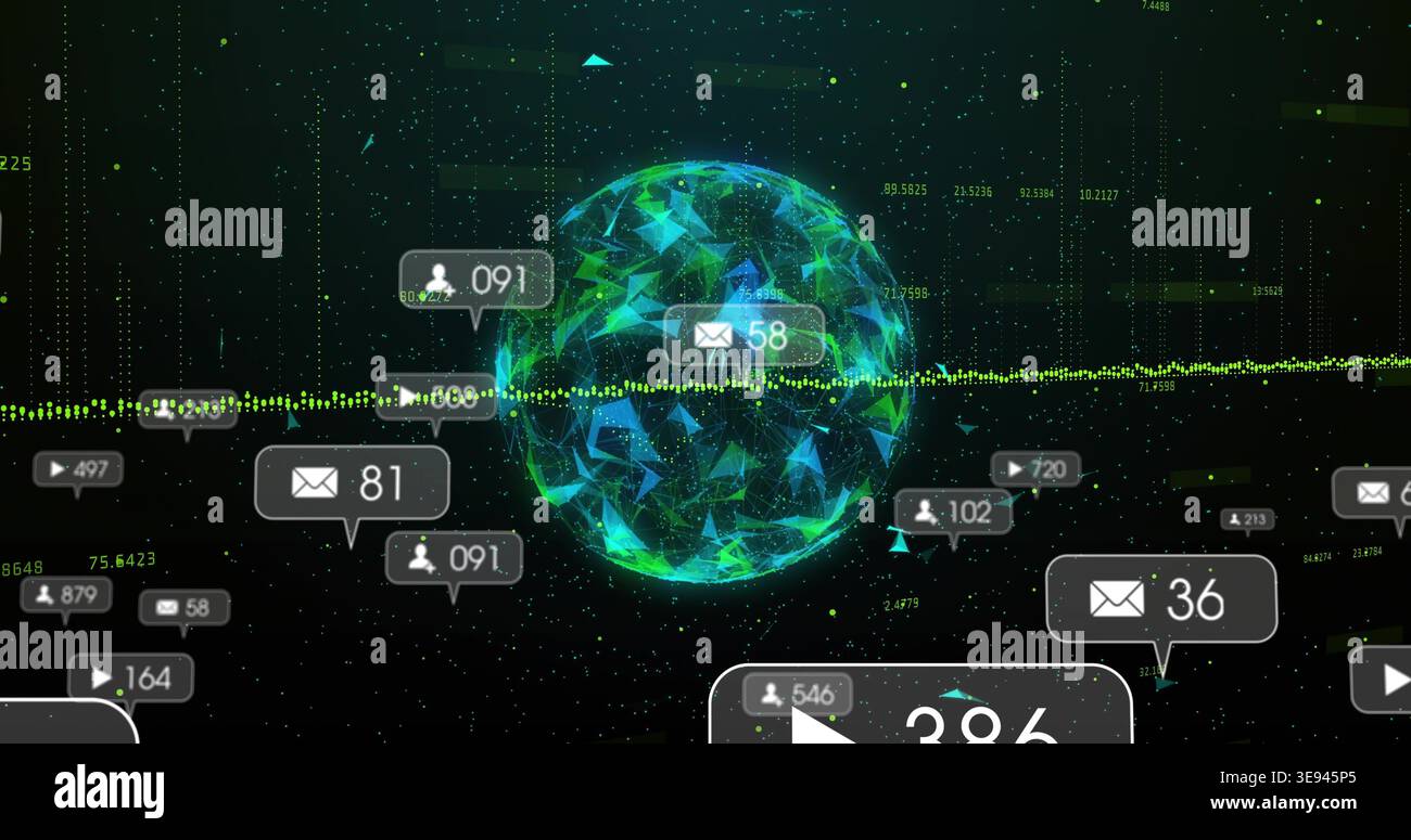 Rotating faceted globe pulsing in analytics display, streaming dotted data and notification bubbles Stock Photo